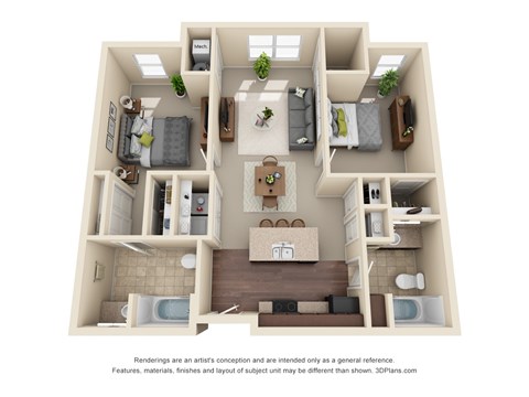 Floor plan for 2 beds, 2 baths, 870 sqft